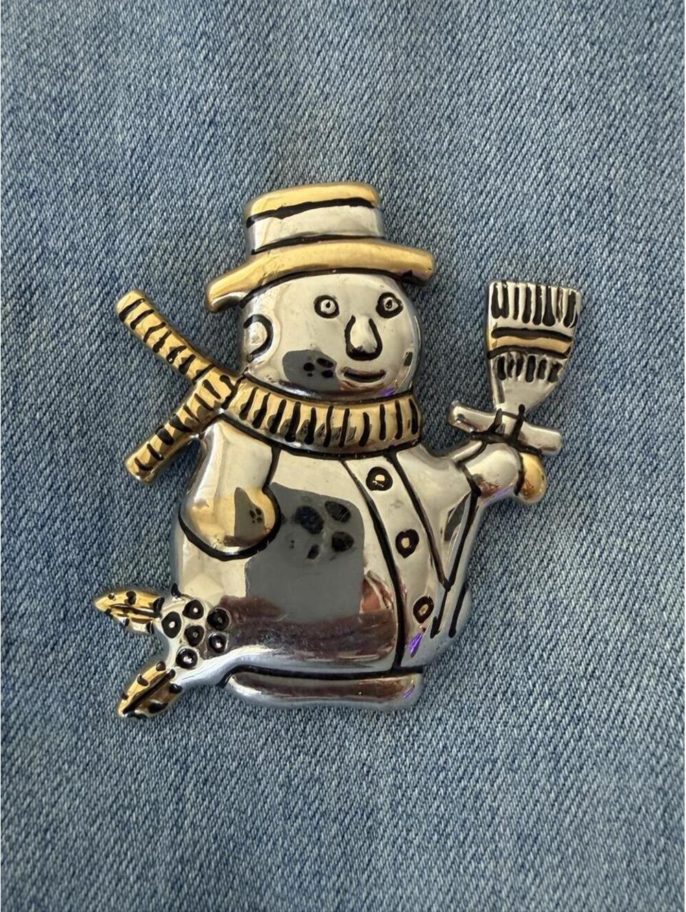 Vintage Two Tone Snowman Brooch Pendant Christmas Pin